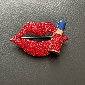 Sparkling Red Lips Brooch with Blue Lipstick